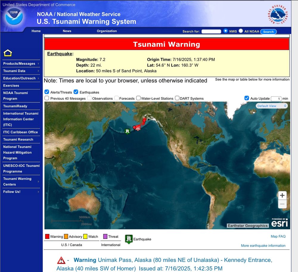 Screenshot of the NOAA national weather service US tsunami warning system that shows the current location of the tsunami warning area