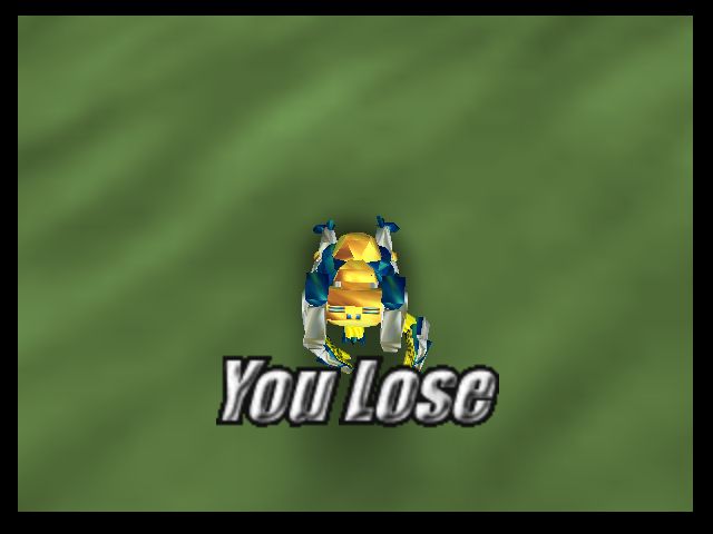 Screen capture from the N64 version of Beast Wars Transmetals. Cheetor hunches on the ground in defeat, with the text "You Lose".