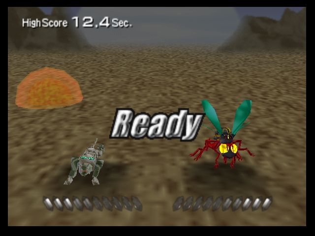 Screen capture from the N64 version of Beast Wars Transmetals. Tigatron and Waspinator run from explosions in the "Escape Race 100" minigame.