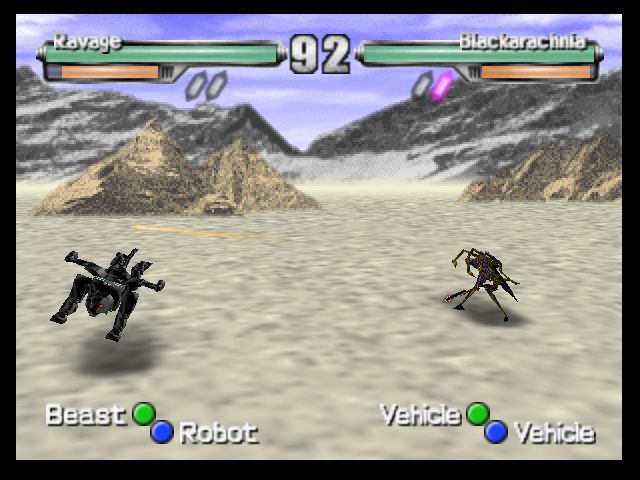 Screen capture from the N64 version of Beast Wars Transmetals. Ravage in vehicle mode evades fire from Blackarachnia in robot mode.