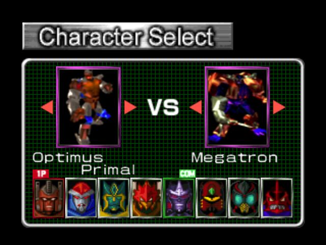 Screen capture from the N64 version of Beast Wars Transmetals. The character select screen, featuring from left to right, Optimus Primal, Rattrap, Cheetor, Airrazor, Megatron, Tarantulas, Waspinator, and Terrorsaur.