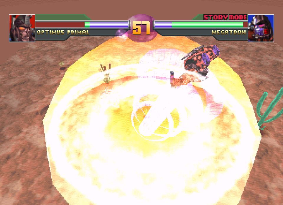 Screen capture from the PS1 version of Beast Wars Transmetals. Megatron unleashes his explosive super attack on Optimus Primal in the desert stage.