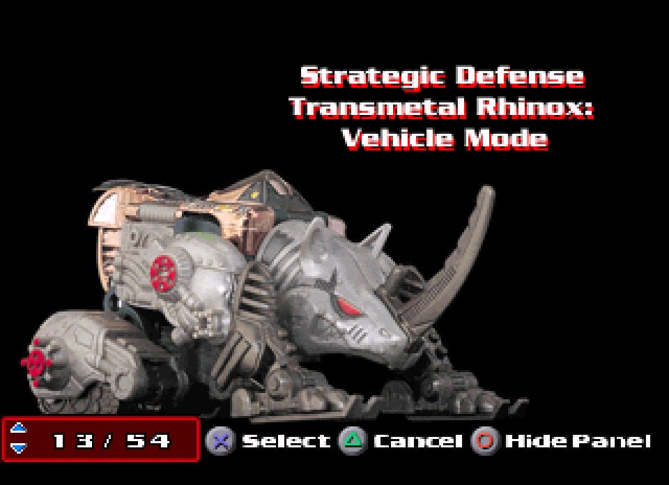 Screen capture from the PS1 version of Beast Wars Transmetals. A photograph from the in game gallery of the Transmetal Rhinox figure in vehicle mode.