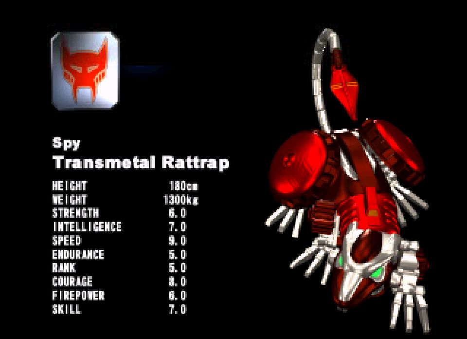 Screen capture from the PS1 version of Beast Wars Transmetals. A cutscene frame of Rattrap in beast mode, with his tech specs next to him.