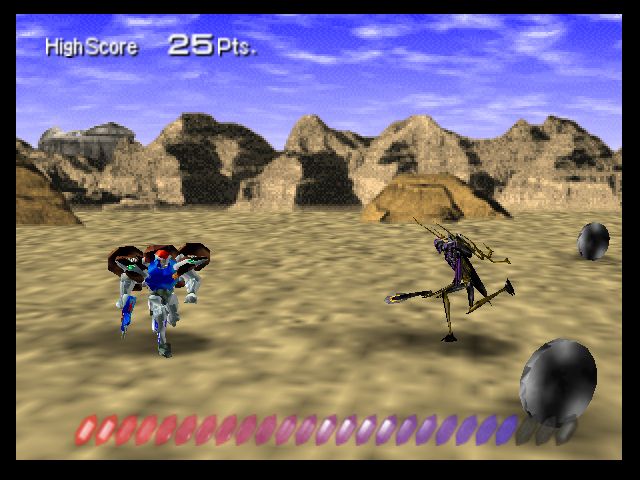 Screen capture from the N64 version of Beast Wars Transmetals. Rattrap and Blackarachnia run to retrieve discs in the "Disc Hunter" minigame.