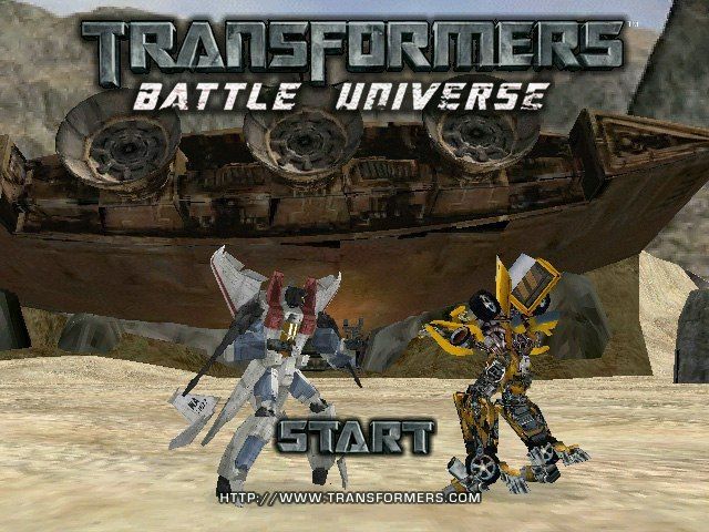 Screen capture from Transformers Battle Universe. Generation 1 Starscream and movie Bumblebee prepare to face off on the title screen.