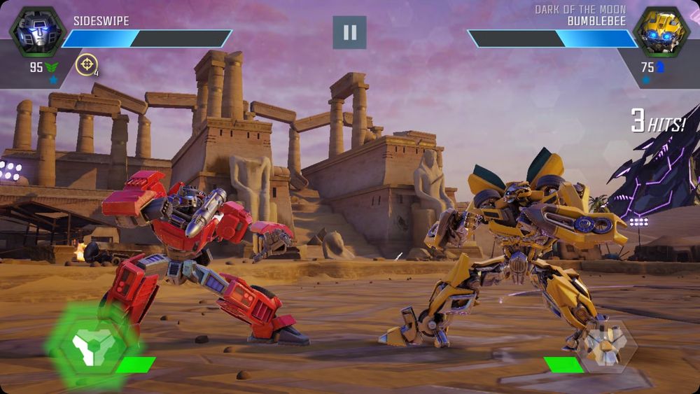 Screen capture from Transformers: Forged to Fight. Generation 1 Sideswipe engages in battle with Dark of the Moon Bumblebee.