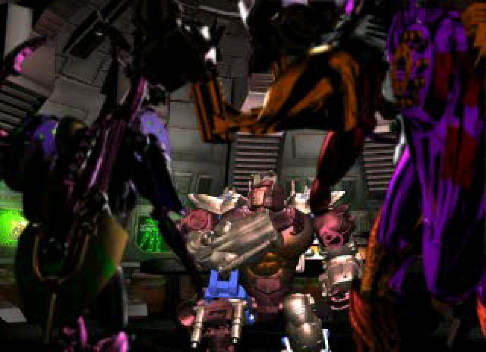 Screen capture from the PS1 version of Beast Wars Transmetals. In a story mode cutscene, Optimus Primal sits exhausted as he is surrounded by the Predacons.