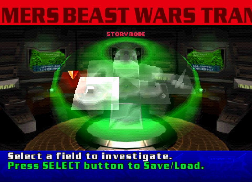 Screen capture from the PS1 version of Beast Wars Transmetals. The player selects from the available fields on the story mode map, one of which has already been cleared.