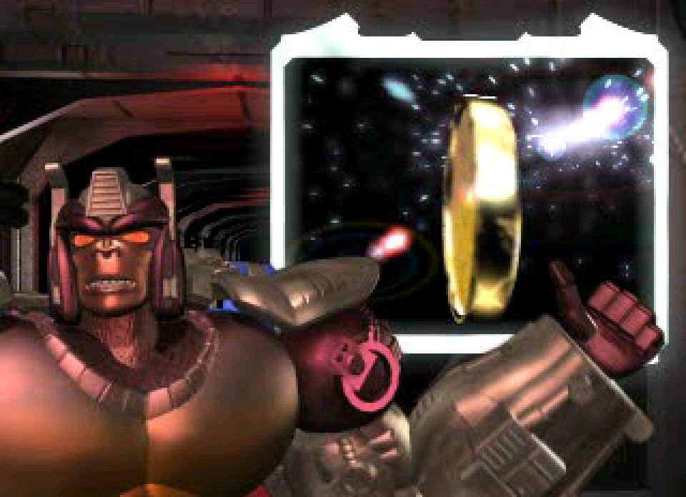 Screen capture from the PS1 version of Beast Wars Transmetals. In a story mode cutscene, Optimus Primal points to a screen displaying an image of the Golden Disc.