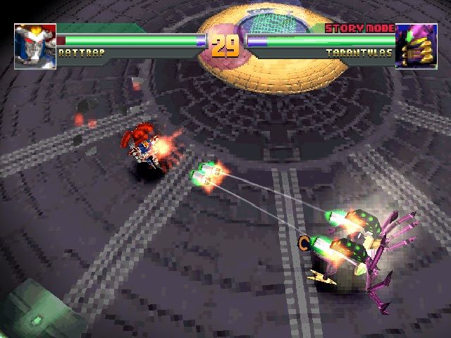 Screen capture from the PS1 version of Beast Wars Transmetals. Tarantulas fires on Rattrap in the Maximal Base stage.