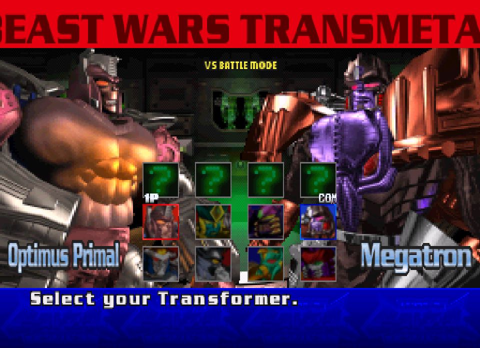 Screen capture from the PS1 version of Beast Wars Transmetals. The Vs. Mode character select screen, featuring from left to right and top to bottom: Optimus Primal, Cheetor, Tarantulas, Megatron, Rattrap, Silverbolt, Quickstrike, and Rampage. Four question mark spots appear above them to represent the four secret characters: Tigatron, Windrazor, Blackarachnia, and Ravage.