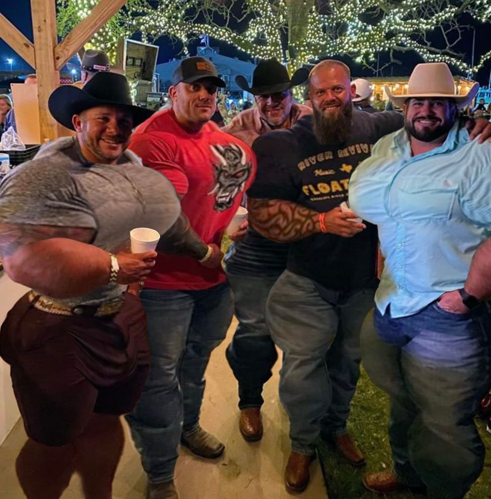 an image of 5 men at a county fair, grouping up to take a picture together. All 5 men have had their muscles morphed to be incredibly large.