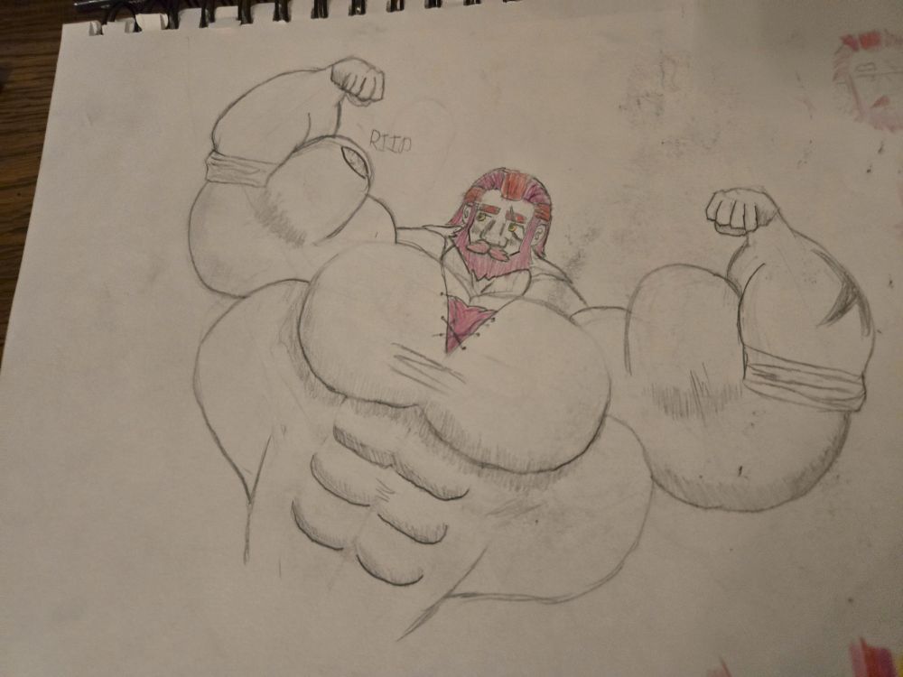 A picture of Zamriel, my shiny Zamazenta gijinka in a double biceps pose while blushing. He was also in the last post of drawings I did, but with a different hairstyle and not colored. This is probably my favorite of the four, but it's also the simplest so idk how to feel about that.