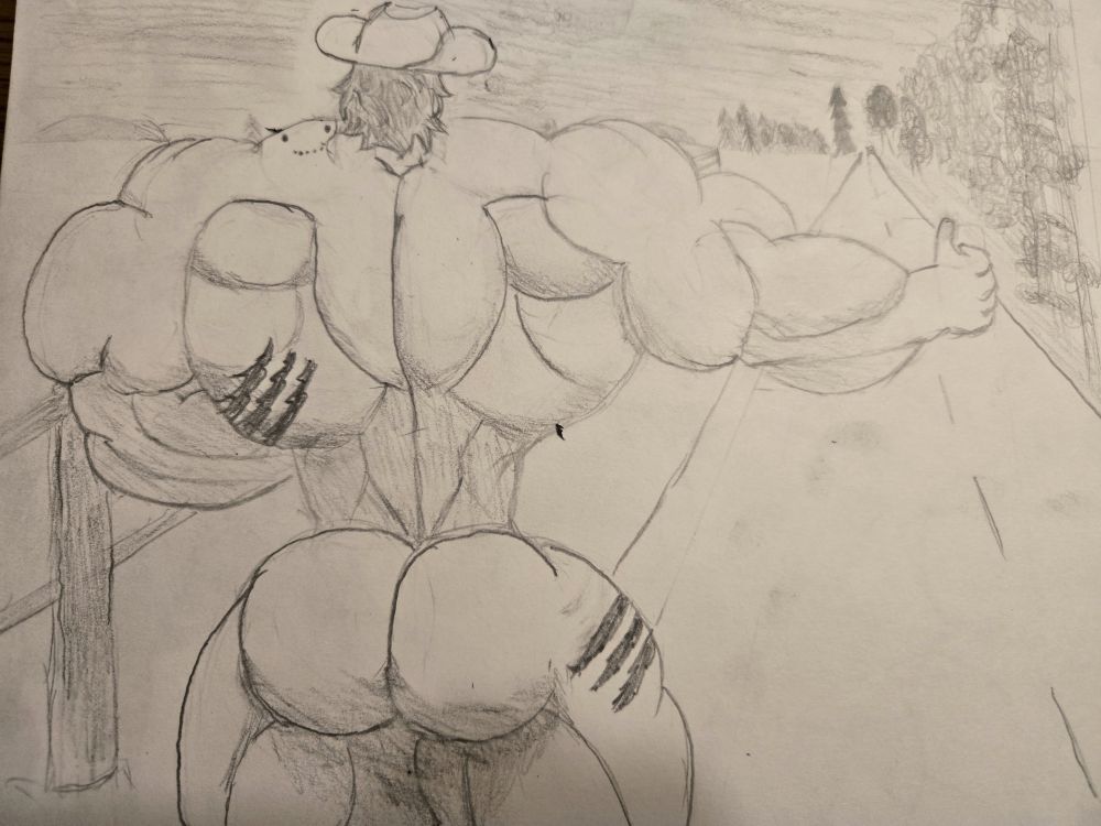 A drawing of a very muscular man wearing a cowboy hat on the side of the road, trying to flag down a car. He has a werewolf bite on his left trap and a few scars in the shape of claw marks on his back.