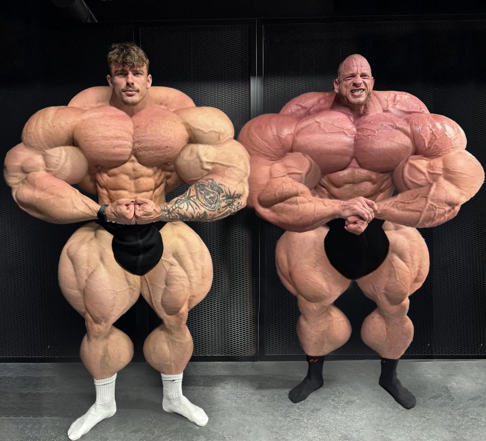 two men in the most muscular pose, their muscles morphed to be incredibly large