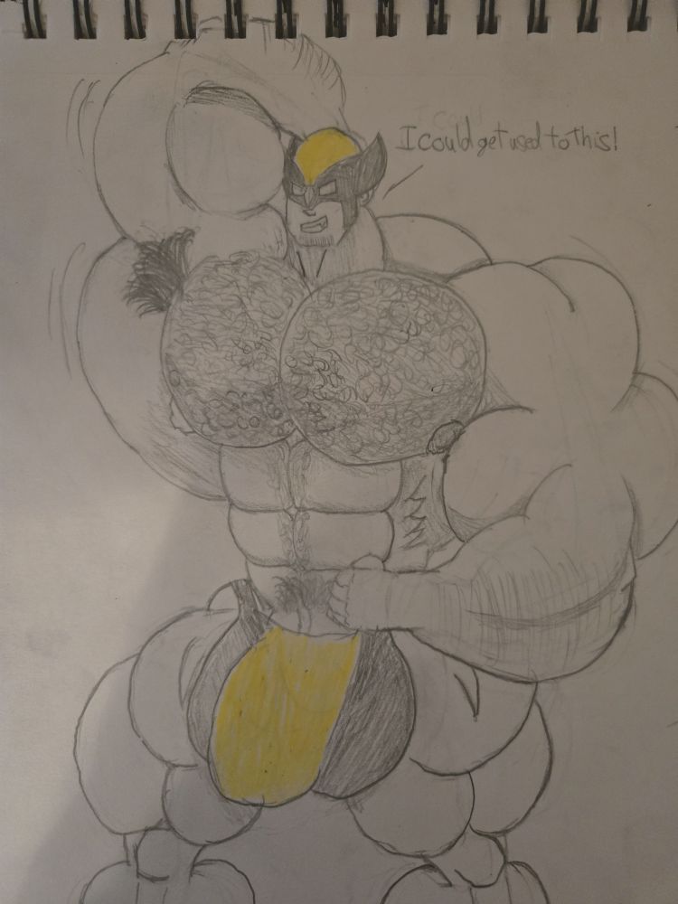 A hypermuscular Wolverine, holding one arm behind his head and saying "I could get used to this!"