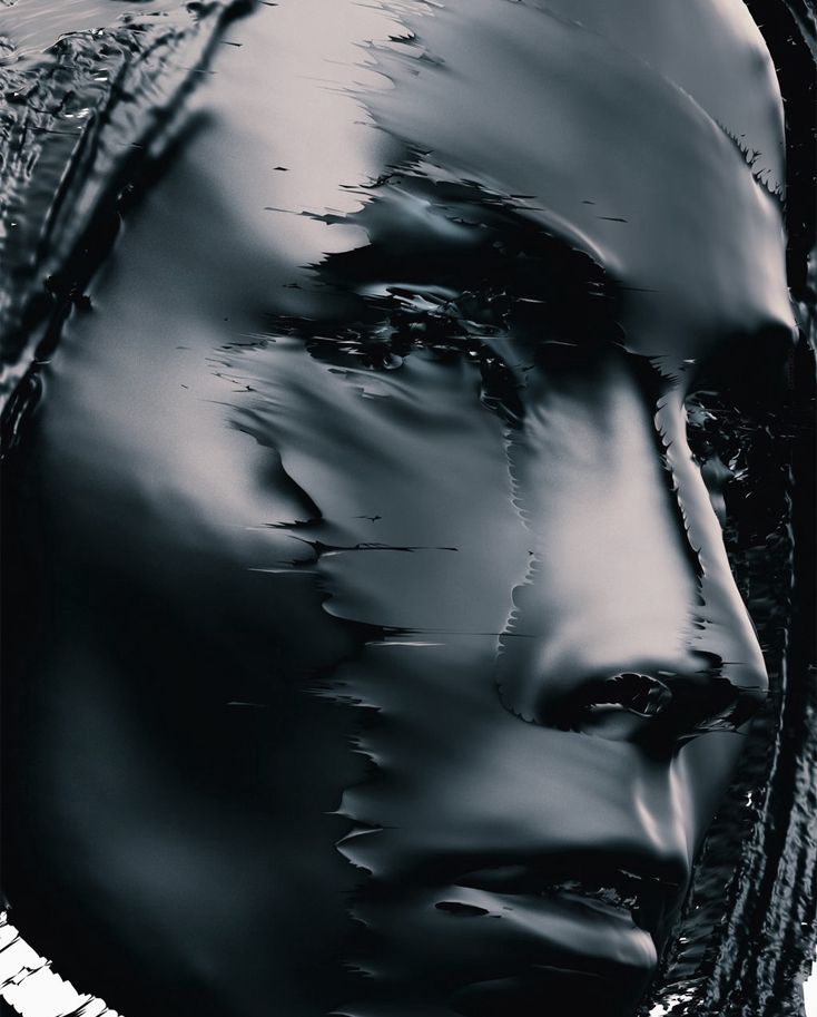 A close-up of a woman's face reflected in rippling dark water, with distorted features and subtle hints of light and shadow. *) Alt text generated by AI