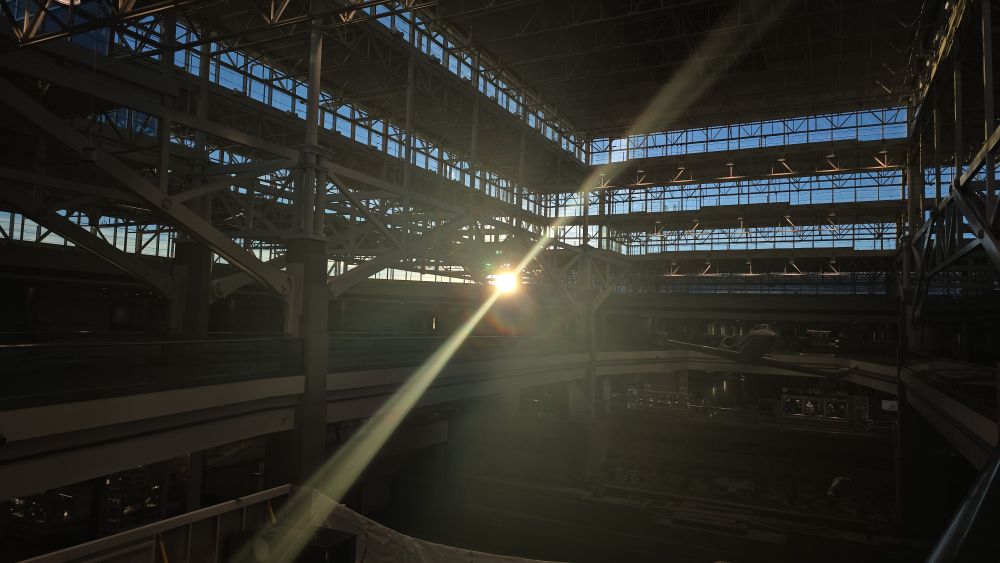 sunset through the rafters of denver airport