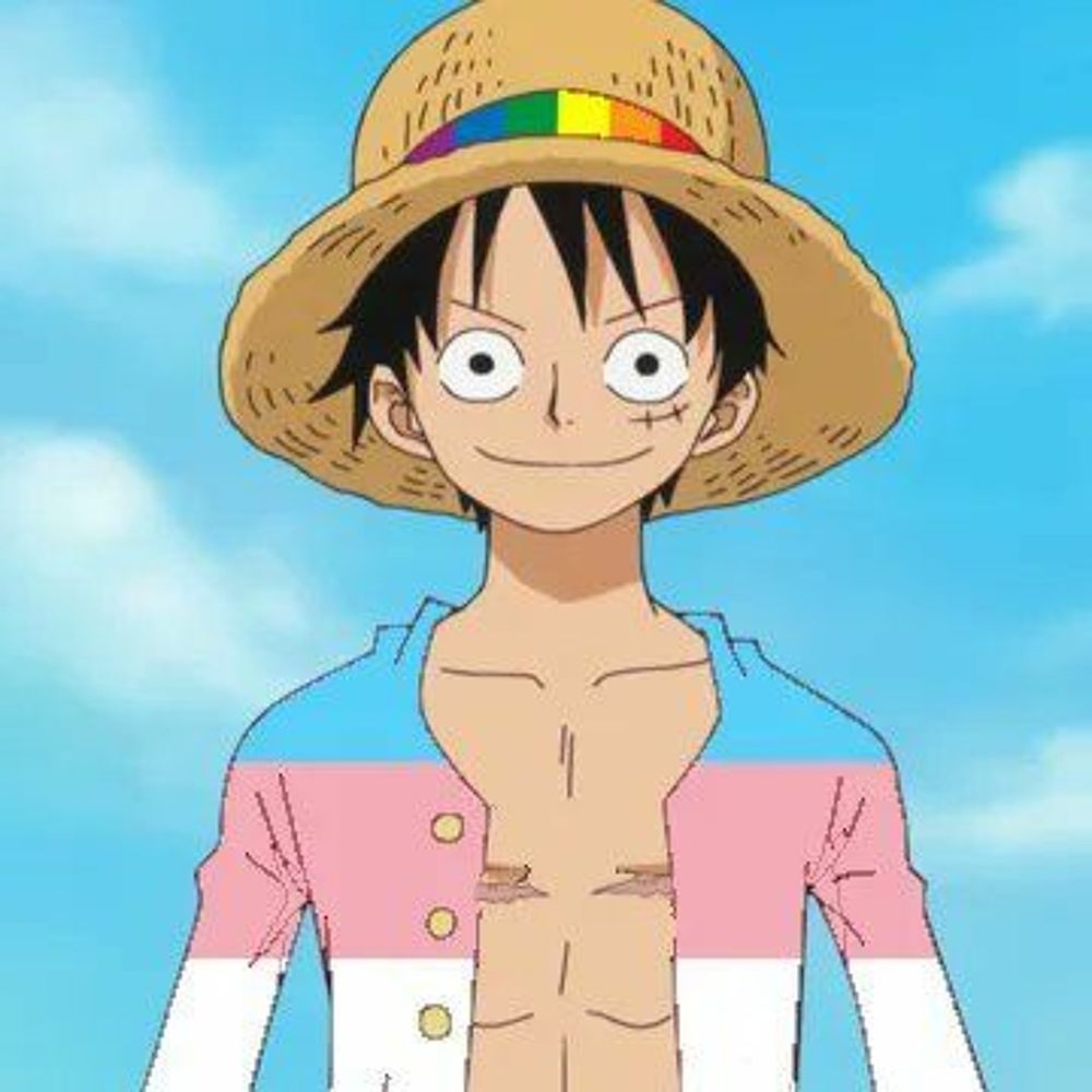 Monkey D Luffy but his shirt is the transgender flag and his straw hat has a rainbow pride flag 