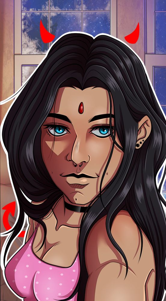 Desenho da Ravena de Jovens Titans no estilo selfie, com cabelo comprido, choker, camisa rosa e usando filtro de chifre e rabo de demônio na cor vermelha.