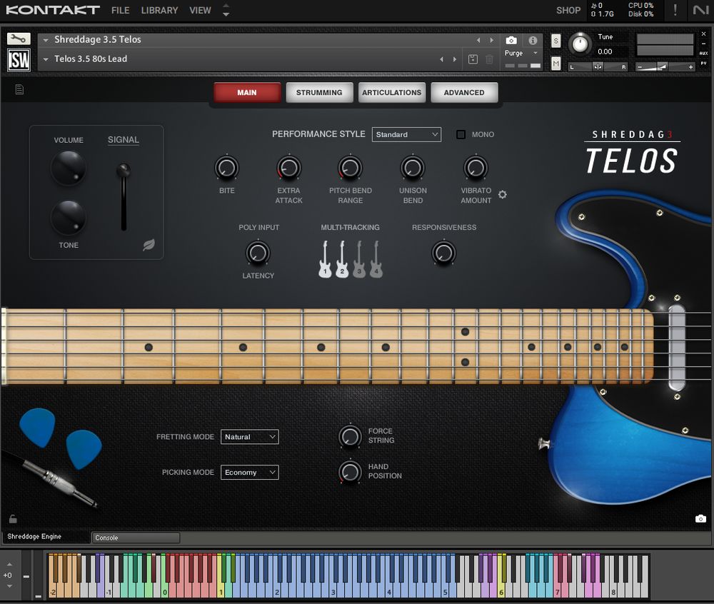 Screenshot of the interface for Shreddage 3 Telos, a guitar VST (virtual studio technology). 