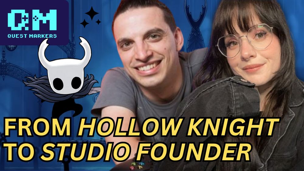 Graphic with the text "From Hollow Knight to Studio Founder" written in yellow at the bottom, as well as "QM Quest Markers" written at the top-left. From left to right, we see: the Knight from Hollow Knight, a photo of David Kazi, and a photo of Marina Ryan. The background is the City of Tears location from the video game Hollow Knight. 