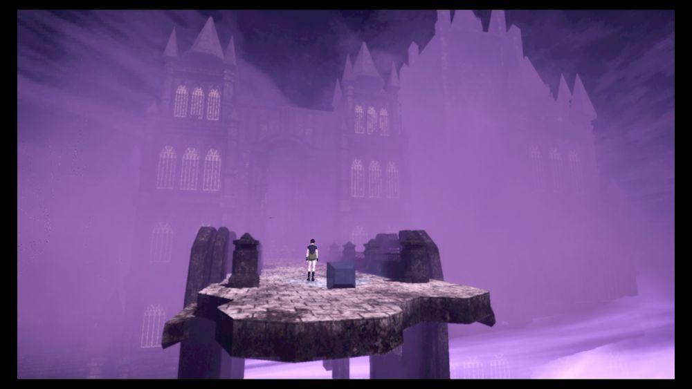 Screenshot from the video game Heartworm. It shows the playable character Sam standing in front of a large castle surrounded by purple mist. There is a TV on the ground behind Sam. 