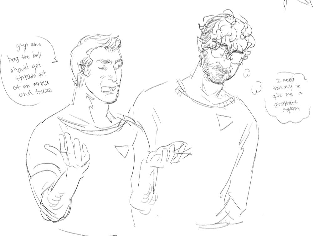 NSFW TEXT BELOW
a picture of my OC Khoi talking to my friend's OC, fisher. Fisher has is gesturing irritatedly with his hands and khoi is looking at him with a passive expression. Fisher has a speech bubble saying "Guys who hog the ball should get thrown out of an airlock and freeze" while khoi has a thought bubble saying "I need this guy to give me a prostate orgasm"