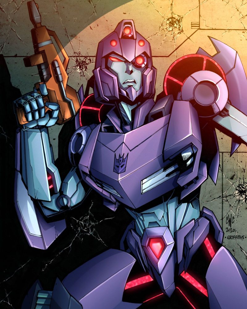 Shadow Striker (Transformers), drawn by Casey Coller, coloured by Amanda Griffiths. An angular purple mech with red and teal accents stands against a bullet impacted wall, arm raised and holding a blaster pistol, and is lit by a spotlight.