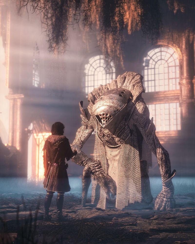 A screenshot of Verso from Clair Obscur: Expedition 33. He is standing in front of a white coloured Nevron and reaches his right hand towards it. The building surrounding them is broken and light streams through from behind. Foliage hangs from the ceiling in front of two large arched windows. 