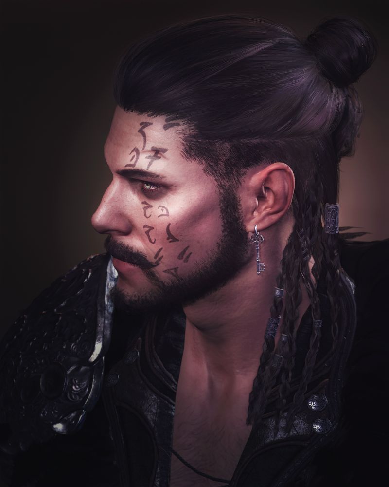 A screenshot of Hallan, a human fighter Tav from Baldur's Gate 3. He is wearing leather armour with a fur coat, and earrings in the shape of a key. He has dark hair pulled back into a bun, with braids hanging from the back of his head. His beard is trimmed short and neat and he has runic tattoos down the left hand side of his face.
