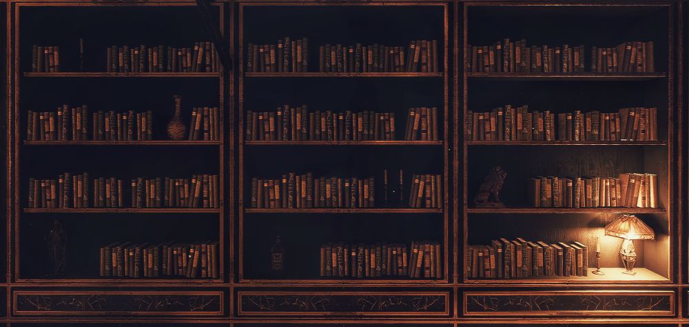 A screenshot from Clair Obscur: Expedition 33 featuring a set of three dark bookshelves filled with books. A lit lamp sits in the lower right corner of the screen.