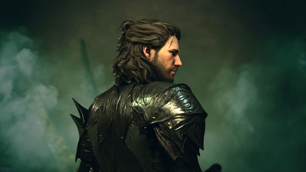 A screenshot of Gale Dekarios/ Gale of Waterdeep from Baldur's Gate 3. He is wearing black drow armour and is looking over his right shoulder. Green fog swirls in the background.