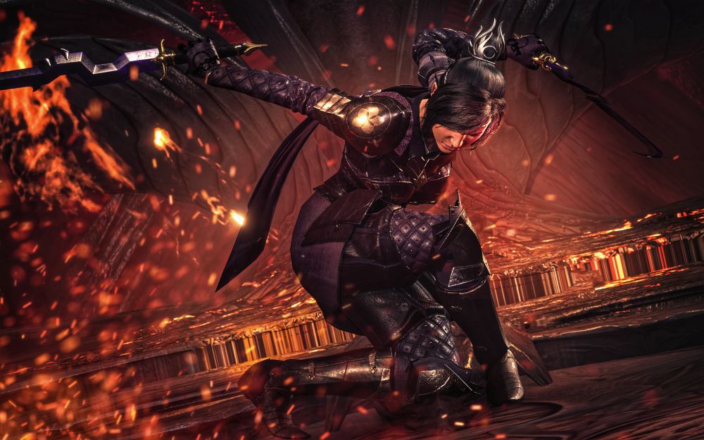 A screenshot of Shadowheart from Baldur's Gate 3 on the Nautiloid. She is wearing a black and purple Sharran outfit from the Inconstant Moon mod by Copperleaves and holding dual Sharran swords from the Sharran Weaponry mod by AzazeL. She is bending down and is swinging the swords out alongside her body. Fire rages around her.