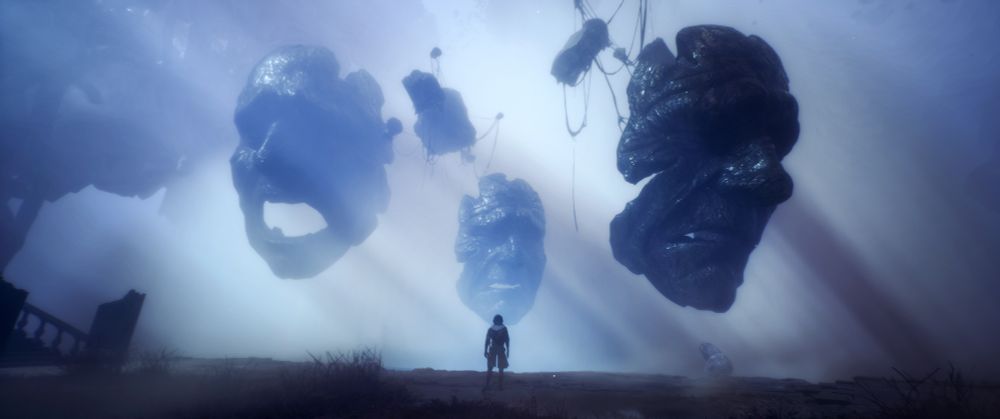 A panoramic shot from Clair Obscur: Expedition 33. Verso stands in the centre of the frame facing away from the camera. Three giant sad masks loom over him as light streams from the left.