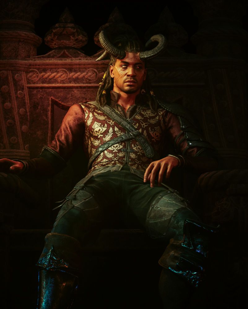 A screenshot from Baldur's Gate 3. Wyll Ravengard sits on a large wooden throne, dressed in armour.