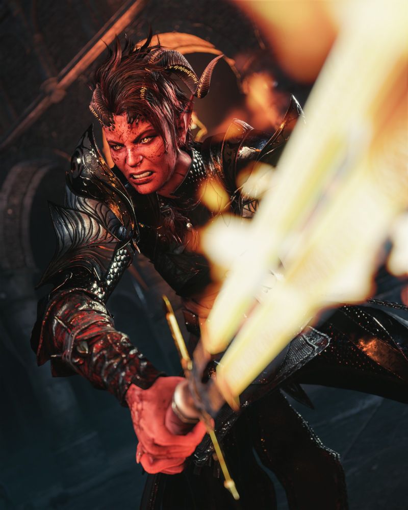A screenshot of Karlach Cliffgate from Baldur's Gate 3. She wields a flaming sword and wears black armour splattered with blood. Her facial expression is angry.