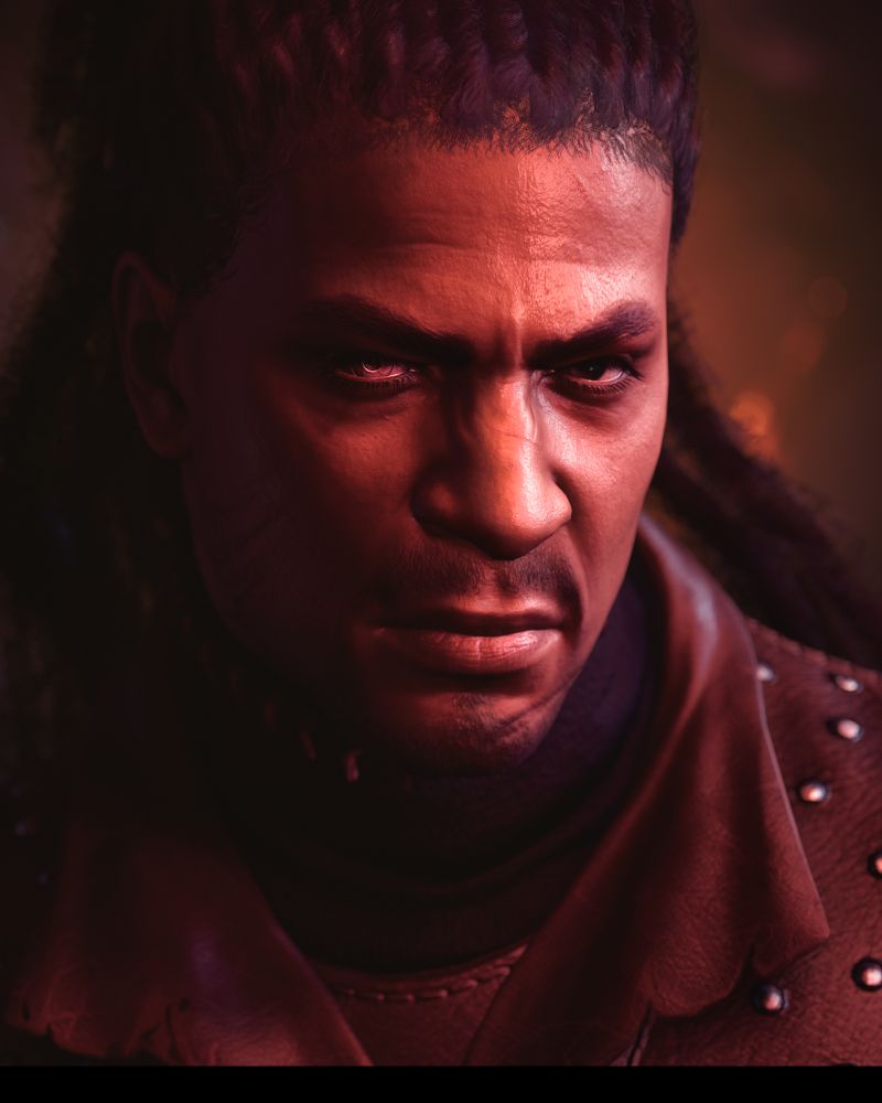 A portrait screenshot of Wyll Ravengard from Baldur's Gate 3. He is wearing brown leather armour and the right side of his face is in shadow.