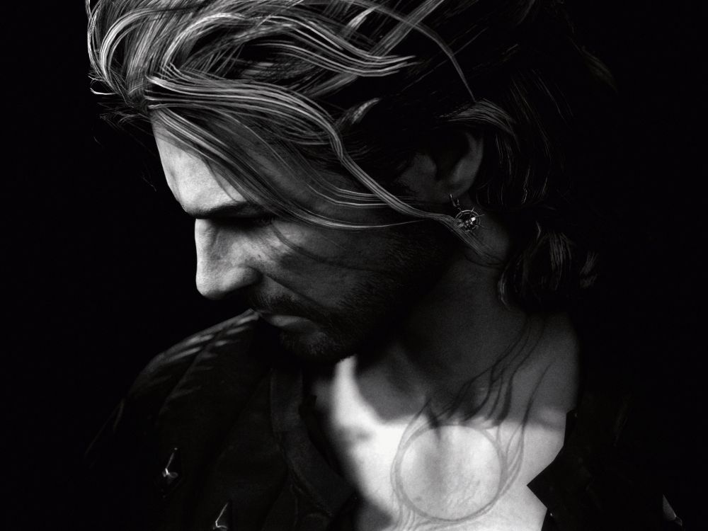 A black and white portrait of Gale Dekarios from Baldur's Gate 3. He is looking down to the left and wears a black open-collared shirt. He looks hot (as usual).