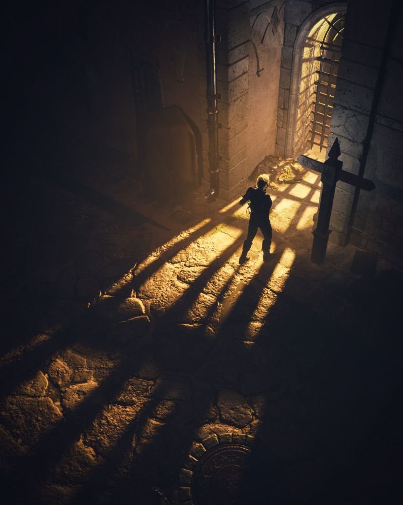 A screenshot of Astarion from Baldur's Gate 3. He is standing on a dark street in Baldur's Gate in front of a metal gate. Orange light floods across him from behind the gate, throwing long shadows across the street.