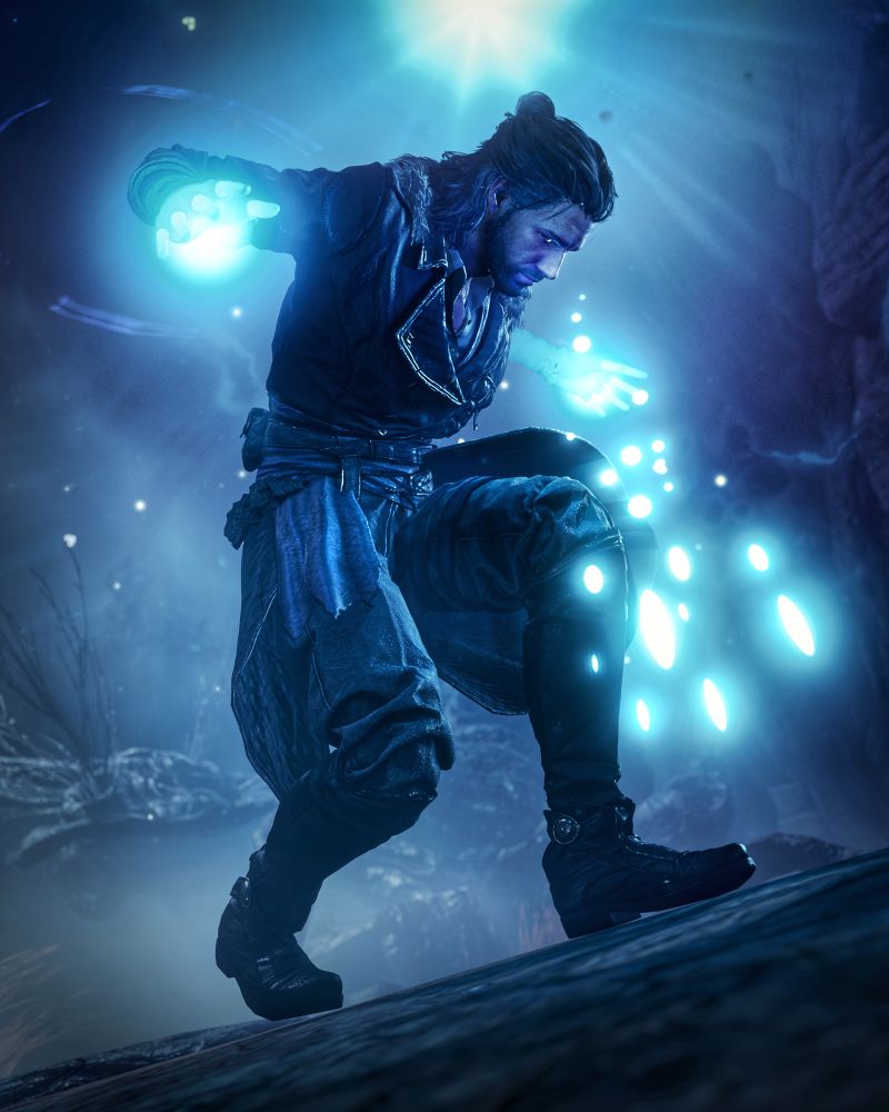 A screenshot of Gale Dekarios / Gale of Waterdeep from Baldur's Gate 3 in the shadow-cursed lands. He is looking towards the ground with both arms outstretched to the side. Blue magic emanates from his hands. 