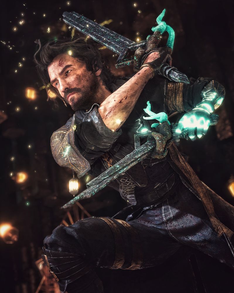 An action shot of Gustave from Clair Obscur: Expedition 33. He wears his expedition uniform and wields a sword and a gun. His arm glows teal and lighting sparks radiate out from his weapons.