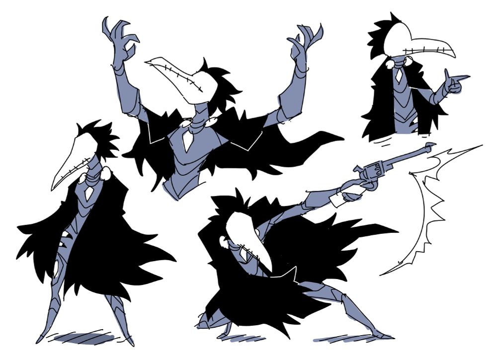 four sketches of a man dressed in a crow motif, similar to batman villains