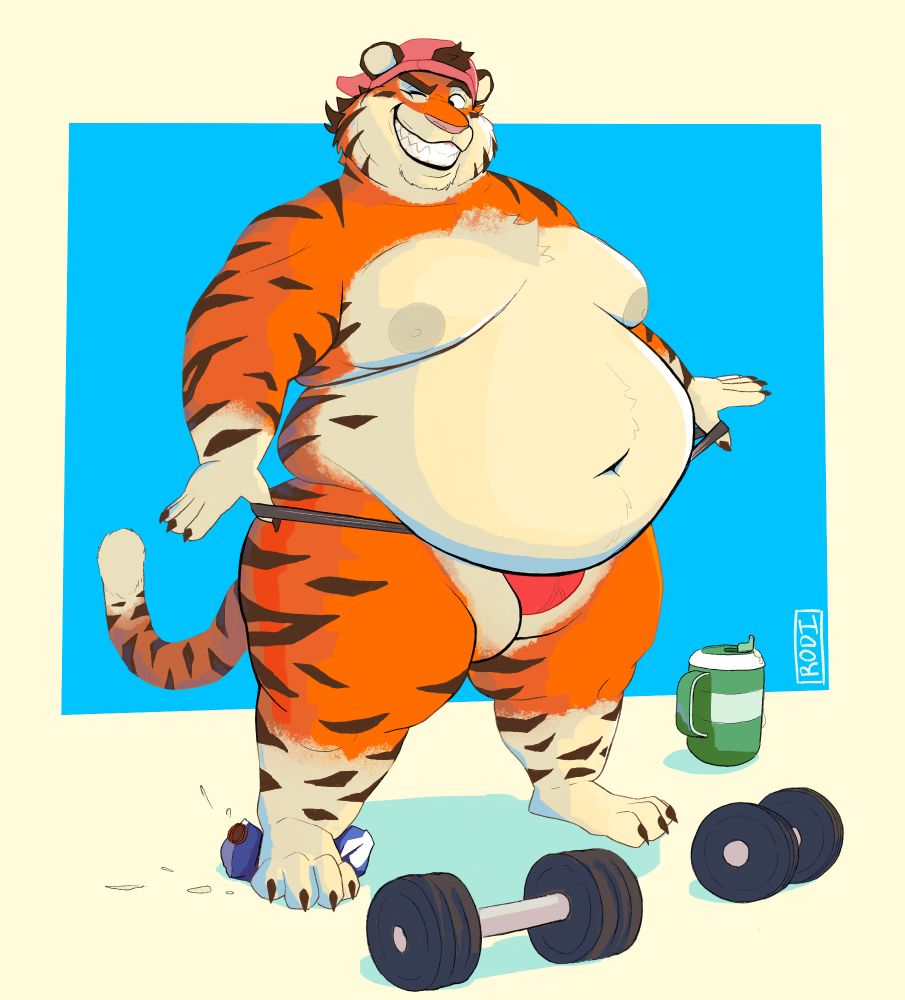 An overweight jock tiger smiling confidently after lifting weights and downing protein shakes. 
