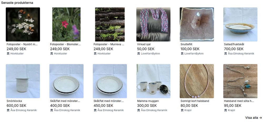 En skärmbild av de 12 stycken senaste produkterna på Hanti