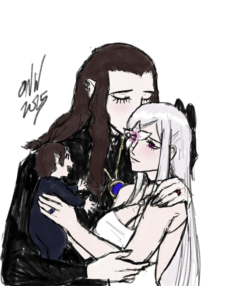 Zero holding their youngest child, Yesil. D comforting both of them after a long hunting away from home
