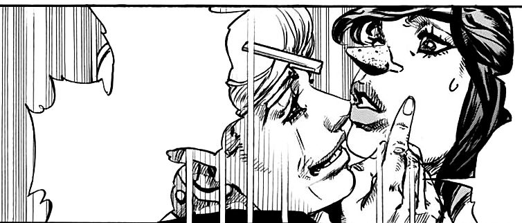 B/W Manga screenshot of Jobin pointing at Mitsuba with a big grin on his face 