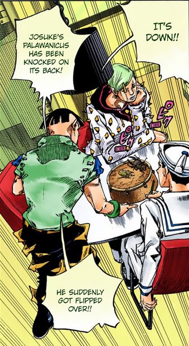 Manga screencap of Jobin, Joshu, and Josuke sitting at a table watching a beetle sumo battle take place. 