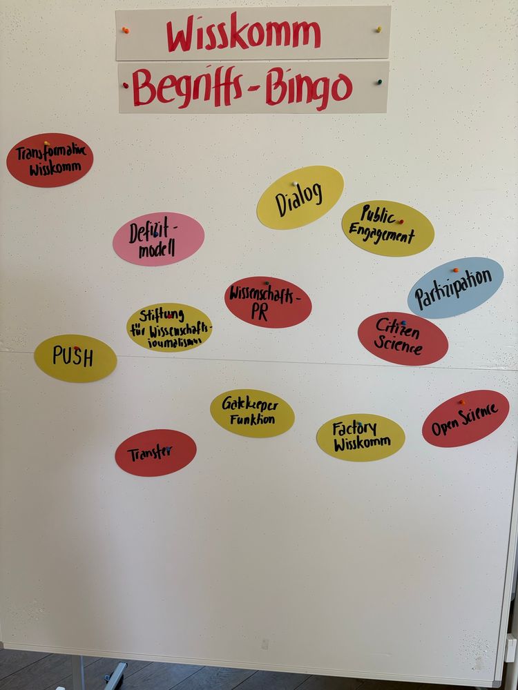 Bunte Karten mit Begriffen aus der Wissenschaftskommunikation auf Pinnwand mit Überschrift „Wisskomm Begriffsbingo“
